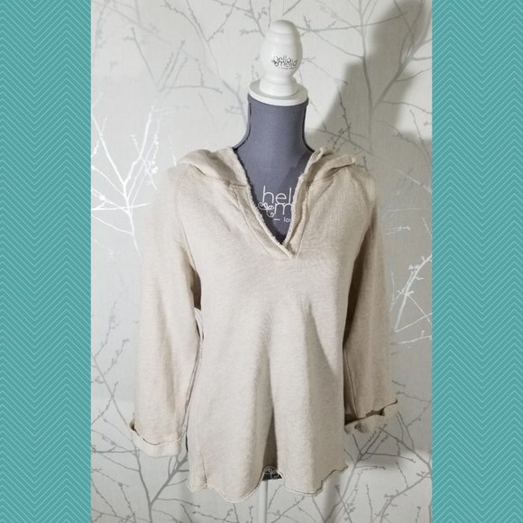 AIKO Oatmeal Beige Supima Modal Blend V-Neck Pullover Hoodie - Picture 2 of 4